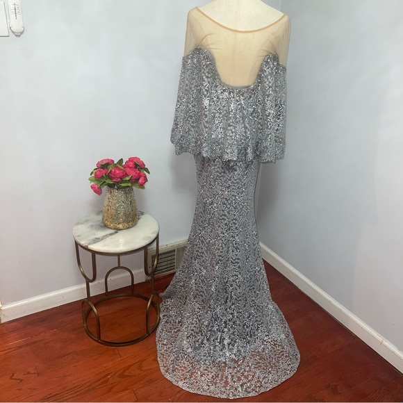 Mac Duggal Pearl Grey Cape Style Embellished Wedding Evening Gown- NWT- Reemoly - Picture 15 of 17